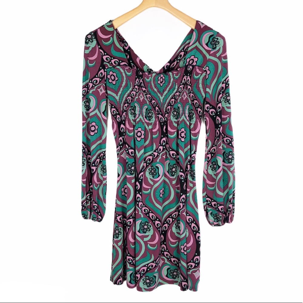 Bisou Bisou Boho Print Smocked Chest Dress Purple Green Size Medium